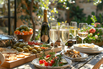 wine tasting event, couples celebrate national wine day with sparkling white wine and gourmet appetizers in the sunlight, clinking glasses for enjoyment