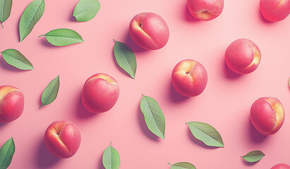 Hyper-Realistic Close-Up of Fresh Peaches with Leaves on a Pink Background – High-Resolution Product Photography with Sharp Focus and Vivid Colors in a Food Magazine Style
