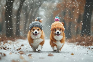 Two Adorable Red Corgis Walking In A Snowy Park Wearing Knitted Hats / dog in the snow. 