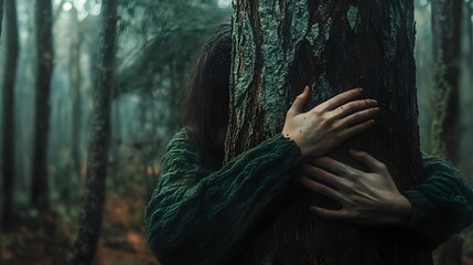 Woman hugging tree with her hands. Tree bark. Exercise for environment. Ecological concept of saving world and love for nature from man.