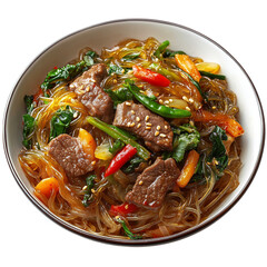 A Bowl of Korean Japchae Glass Noodles with Beef and Vegetable Stir-fried Isolated on Transparent Background