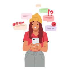 Teenage girl cartoon character with smartphone feeling shock and stress due to negative comments