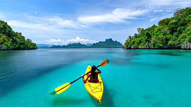 Woman kayaking tropical lagoon, island backdrop