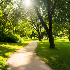 Sunlit pathway winding through a lush green park with flourishing trees and bright sunlight