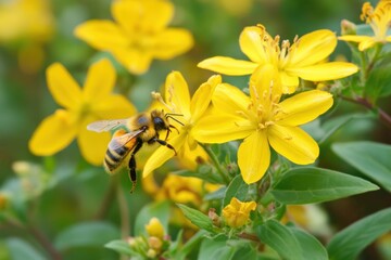 Obraz premium A Bee Hovering Over St. John’s Wort Flowers In A Garden / bee on yellow flower