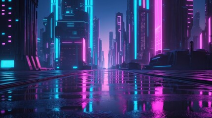 Neon Cityscape at Night Wet Street Reflection Cyberpunk Futuristic Architecture 80s Retrowa