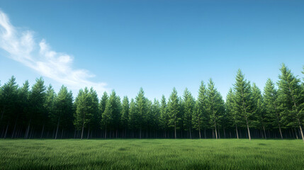 Obraz premium A serene landscape showcasing a vast meadow bordered by tall, lush evergreen trees under a clear blue sky