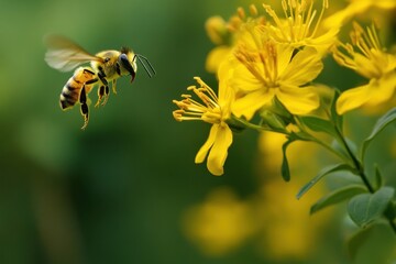  A Bee Hovering Over St. John&rsquo;s Wort Flowers In A Garden / bee on yellow flower