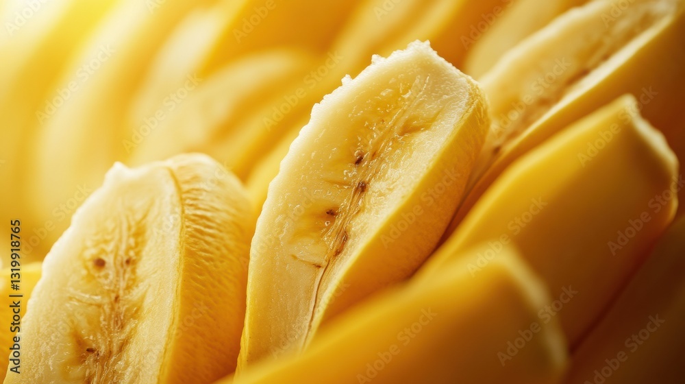Poster close up macro shot revealing the intricate texture of sliced bananas with a soft blurred background
