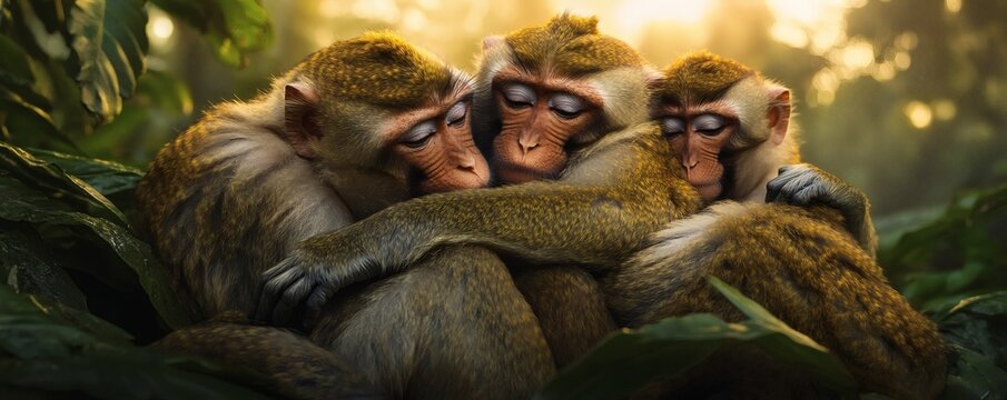 Three monkeys embraced closely together in a beautiful jungle setting - Powered by Adobe