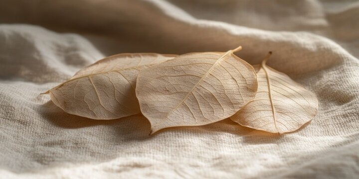 A close-up of dried Ortilia secunda leaves arranged on a soft, textured fabric background