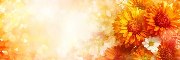 An abstract background featuring vibrant calendula flowers in shades of orange and yellow, with a soft bokeh effect