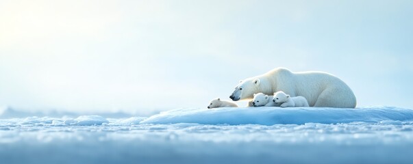Fototapeta premium A polar bear family rests on a sheet of arctic ice