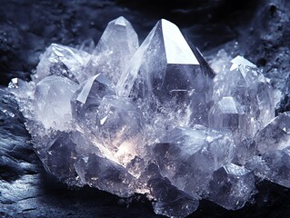 Obraz premium Clear Quartz Crystal Cluster on Dark Rock Background