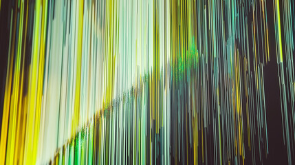 Dark background, vertical lines of green and yellow light with digital glitch effects