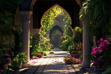Fototapeta premium Lush garden pathway with vibrant flowers and intricate architecture.