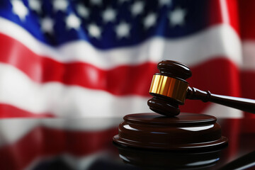 courtroom with a polished wooden gavel resting on a gold base with a reflective surface, the American flag prominent in the background