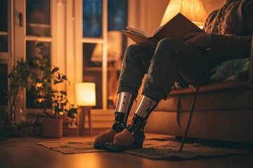 Cozy evening at home with a person using a prosthetic leg while reading by warm light in a comfortable setting