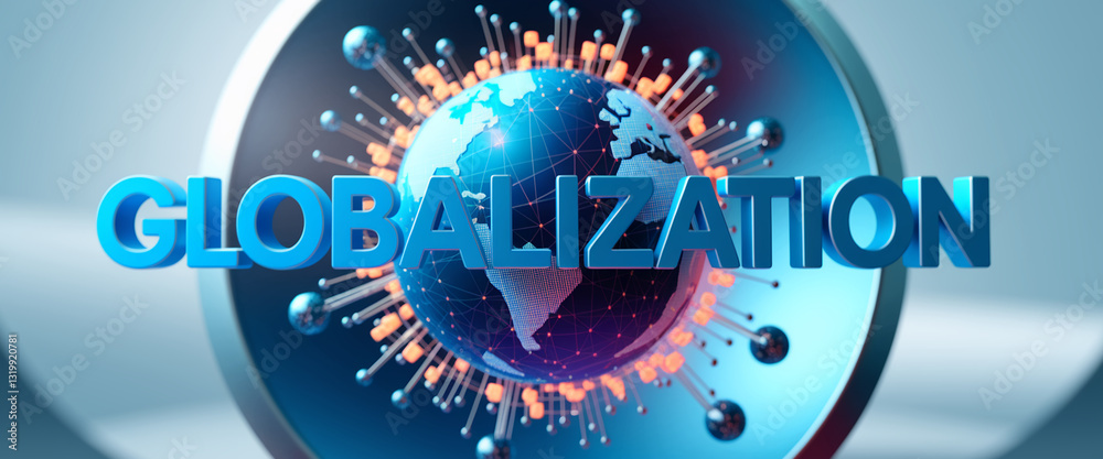 Poster 3d rendering of blue word globalization and digital earth globe, surrounded by connections, symboliz