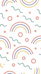 a colorful seamless pattern with rainbow and different shapes, perfect for various design applications. The pattern features a repeat design with bright rainbow elements, playful shapes