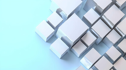 Abstract 3D Render of White Cubes in a Geometric Pattern on a Light Blue Background