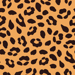 leopard skin seamless pattern with brown spots on orange background, vector illustration