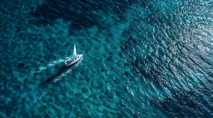 Obraz premium Aerial View of a White Boat Sailing on Turquoise Ocean Waters with Sparkling Sunlight Reflecting on the Surface Creates a Tropical Vacation Landscape
