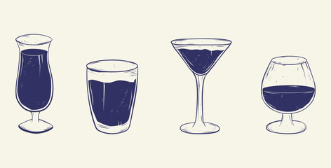 A set of vintage hand-drawn line icons of summer cocktails. Monochrome blue ink. Vector illustration.