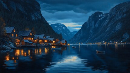 Serene night view of a lakeside village with illuminated houses and mountains in the background.
