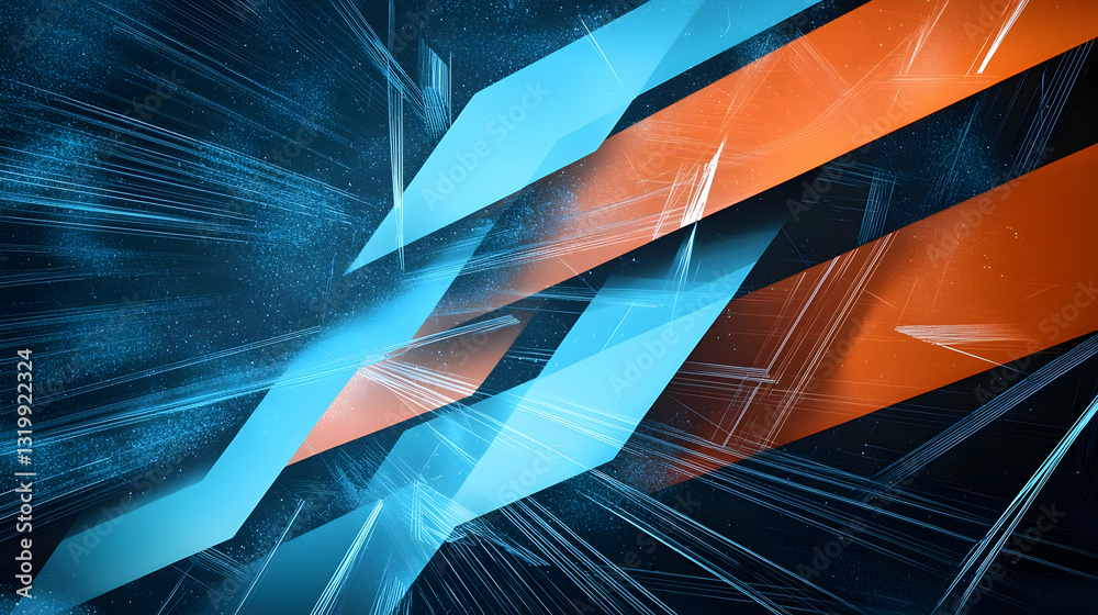 Poster dynamic abstract background with intersecting blue and orange light trails on a dark digital canvas