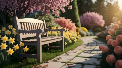 A picturesque garden scene bathed in the soft glow of golden hour light, featuring a weathered wooden bench as the focal point