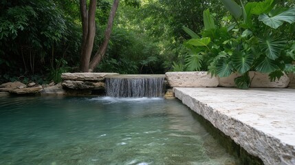 Naklejka premium Tranquil Waterfall Oasis: A serene small waterfall cascades into a clear, turquoise pool surrounded by lush green vegetation and natural stone elements. A perfect escape for a peaceful moment.