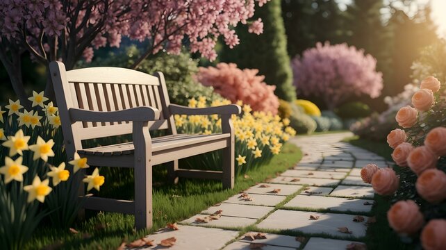 A picturesque garden scene bathed in the soft glow of golden hour light, featuring a weathered wooden bench as the focal point