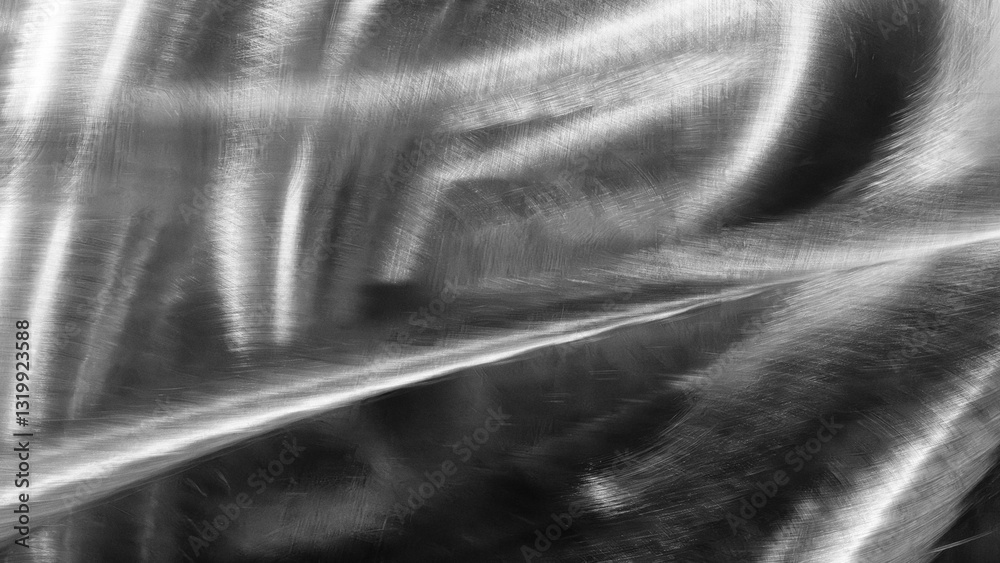 Poster A silver object with a shiny surface. The surface is reflective and has a metallic texture. The object appears to be a piece of art or a sculpture