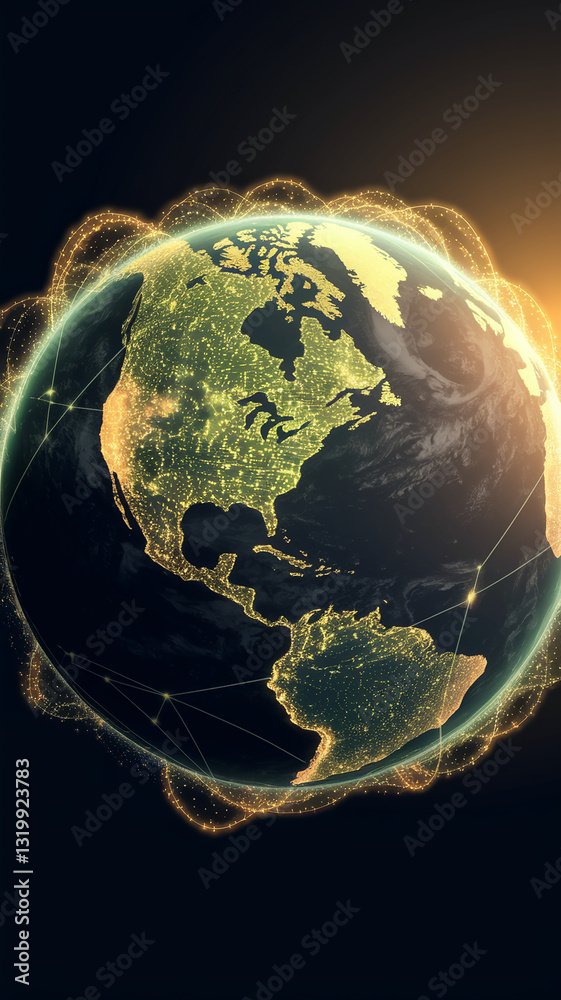 Poster global network, illuminated earth, glowing lines depict connections, showcasing worldwide communicat