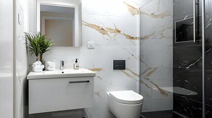 Modern Bathroom Interior Design With White And Gold Marble Tiles Elegant Fixtures And Minimalist Decor In Bright Spacious Setting