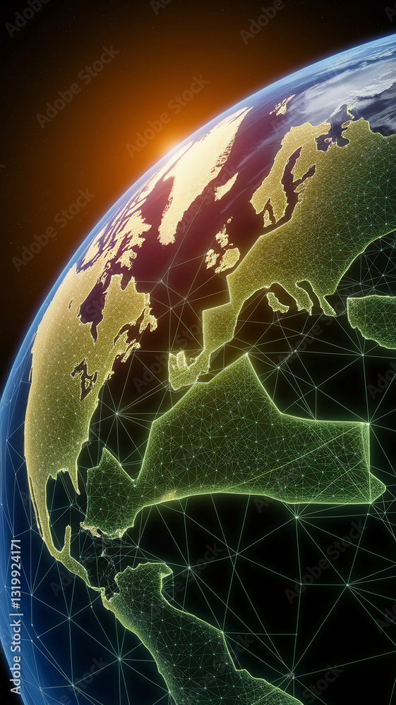 Poster earth globe with glowing network connections, showcasing global connectivity and digital infrastruct