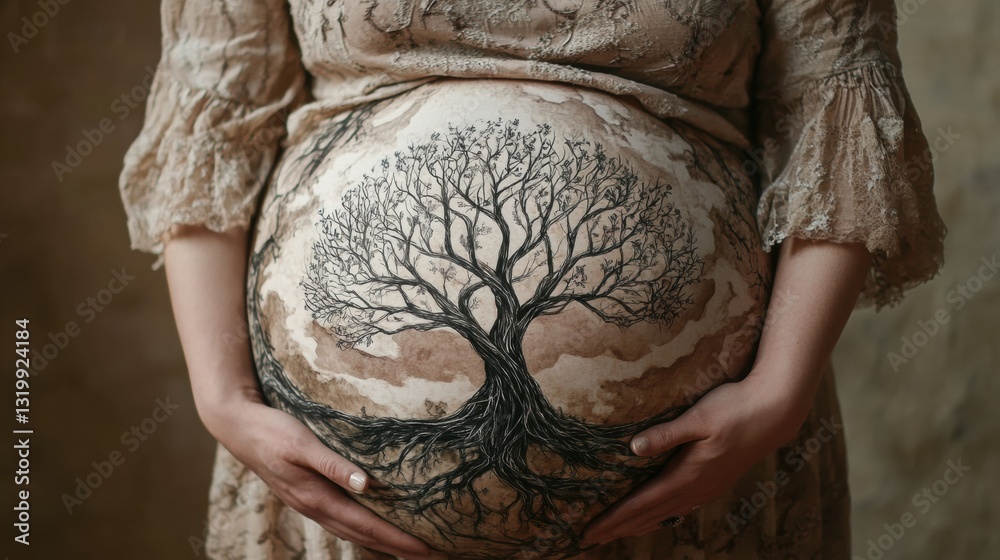 Poster pregnant belly adorned with artistic tree of life drawing showcasing harmonious branches and roots f
