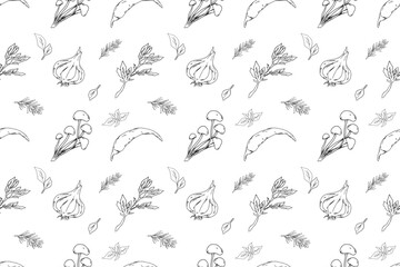 Obraz premium Seamless pattern with Asian cuisine ingredients: mushrooms (enoki, shimeji, porcini), chili peppers, garlic, basil, rosemary, and leaves. Hand drawn illustration for packaging, textiles, backgrounds.