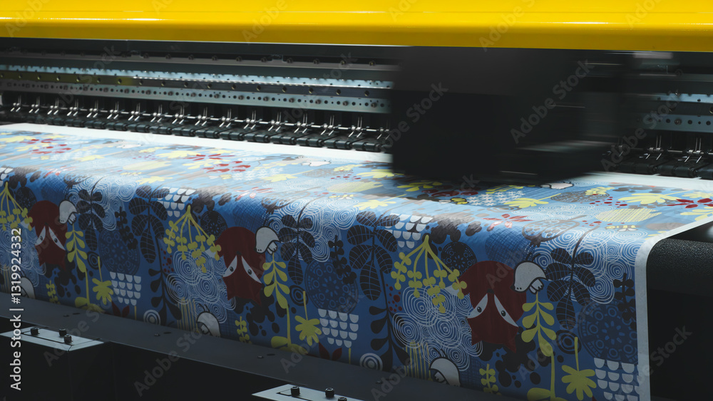 Poster a machine is printing a blue and yellow print on a piece of fabric. the print features a variety of 