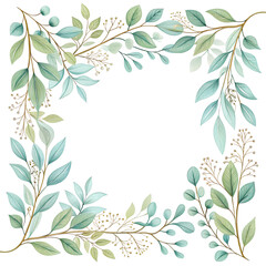 Watercolor wreath of delicate green leaves in the form of a frame on a transparent background.