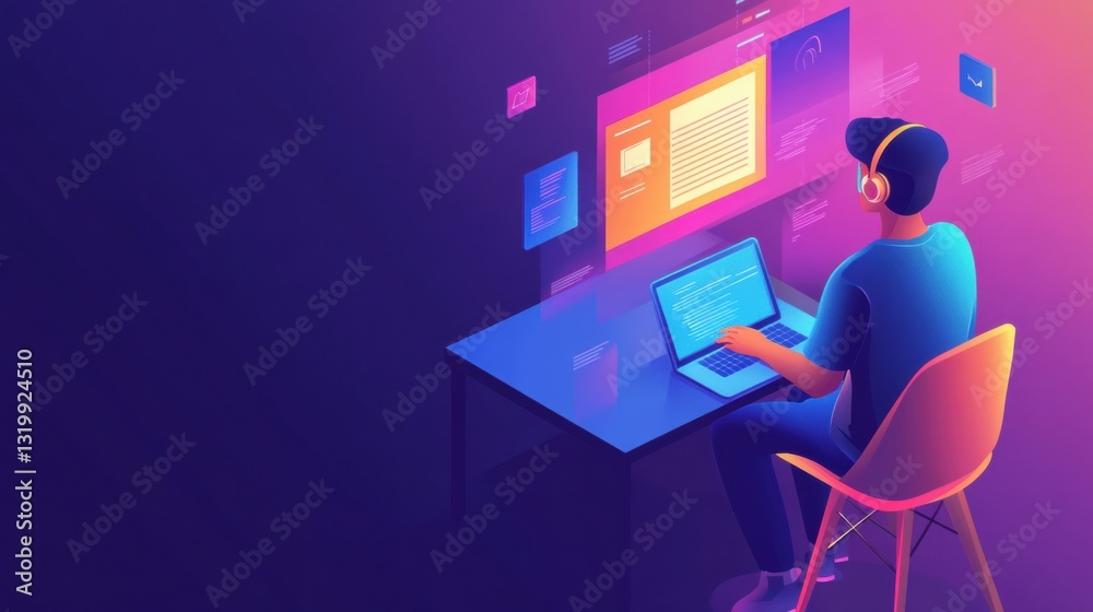 Aufkleber Student engaged in virtual learning environment powered by AI, exploring digital content from their workspace