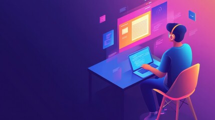 Student engaged in virtual learning environment powered by AI, exploring digital content from their workspace