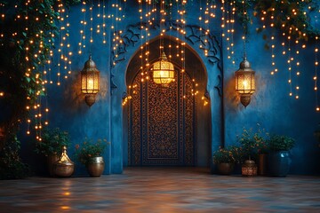 Serene Blue Archway with Golden Lanterns and Twinkling Lights

