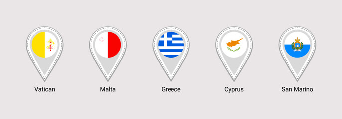 European states flags map pins isolated icons vector illustration. Greece, Vatican, Cyprus, San Marino, Malta official symbols stickers signs. Europe countries location point marker badge