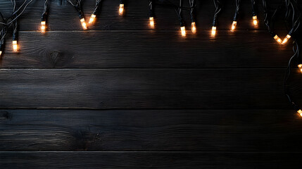Warm Glowing Christmas Lights On Dark Rustic Wooden Background With Empty Space For Text