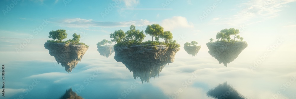 Poster Floating islands with portals connecting different virtual worlds in a vibrant metaverse landscape filled with lush greenery and serene waters