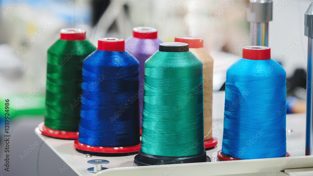 Aufkleber a row of colorful spools of thread are displayed on a table. the spools are of different colors and 