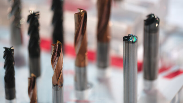 industrial milling metal cutting tool with carbide cutter insert in workshop. Drills with interchangeable tungsten carbide heads