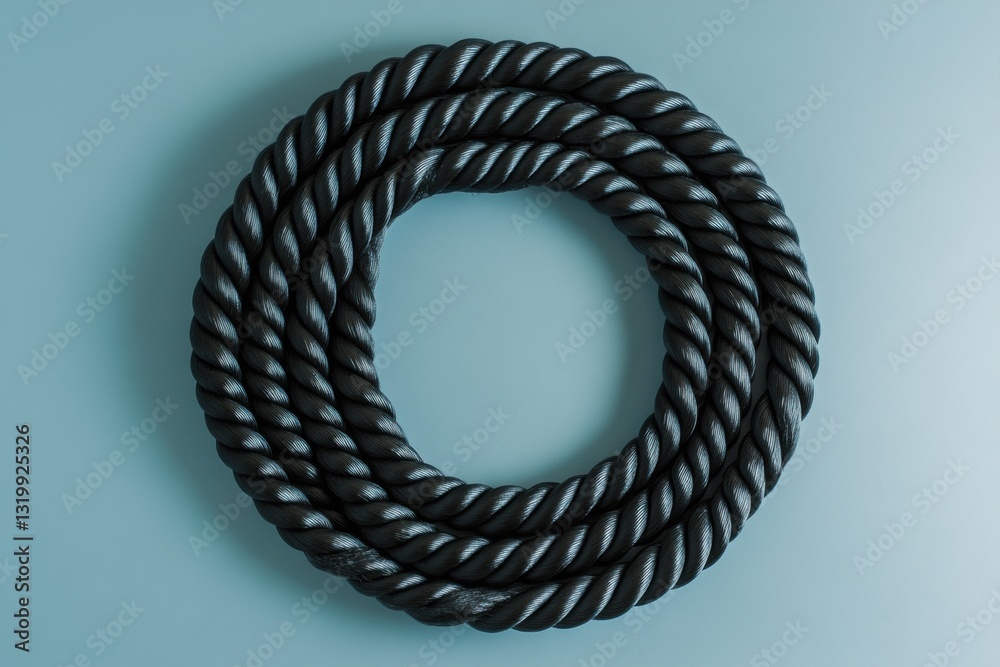 Poster Black jump rope coiled in a spiral on smooth grey background with minimalist design and ample negative space